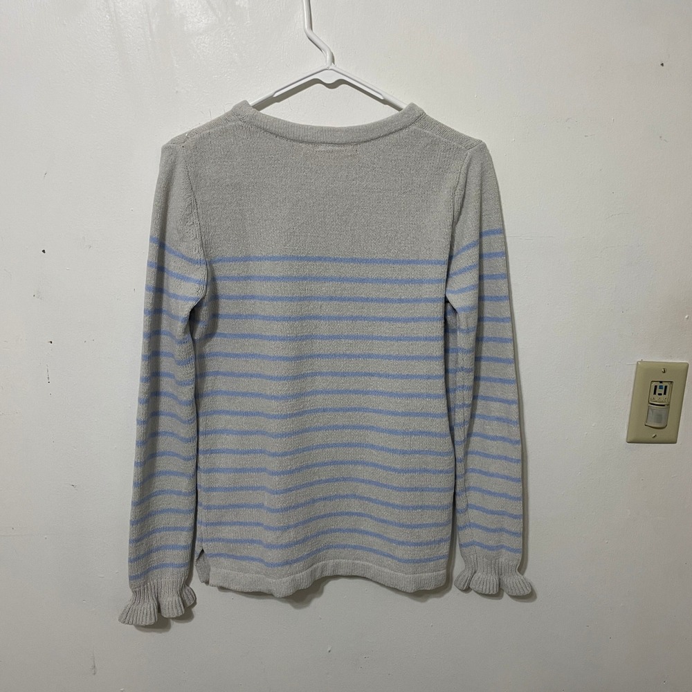 Lilly Pulitzer Striped Ruffle Cuff Sweater Grey Blue Crew Neck Knit Top Womens M - Picture 4 of 4